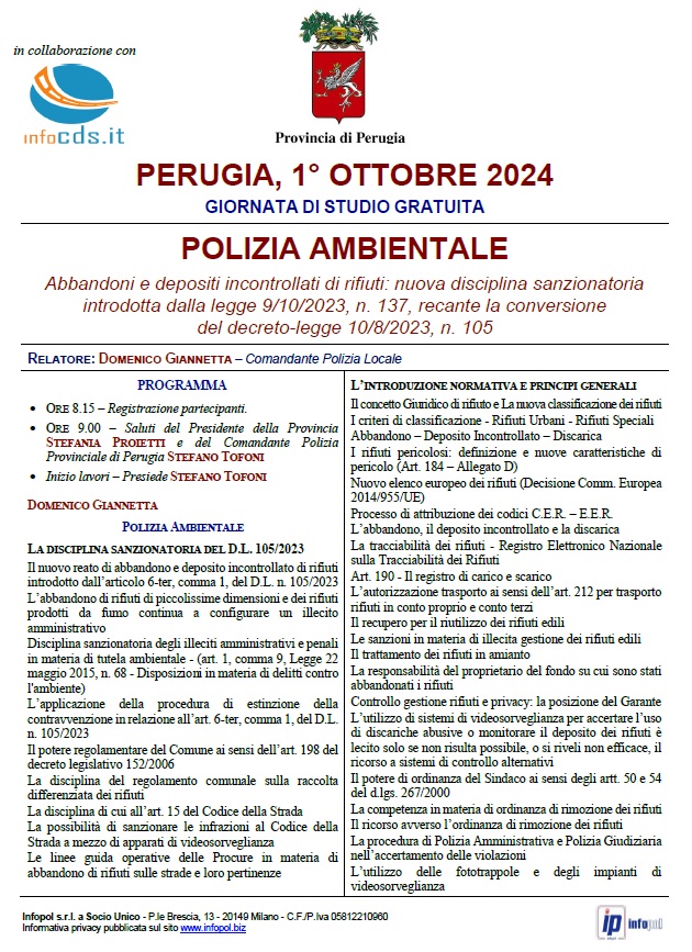 Convegno di Polizia Ambientale – 1 Ottobre  2024, Perugia