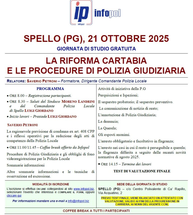 21 Ottobre 2025, Spello (PG): La riforma Cartabia e le procedure di Polizia Giudiziaria