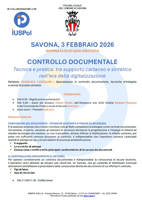 3 Febbraio 2026, Savona: CONTROLLO DOCUMENTALE