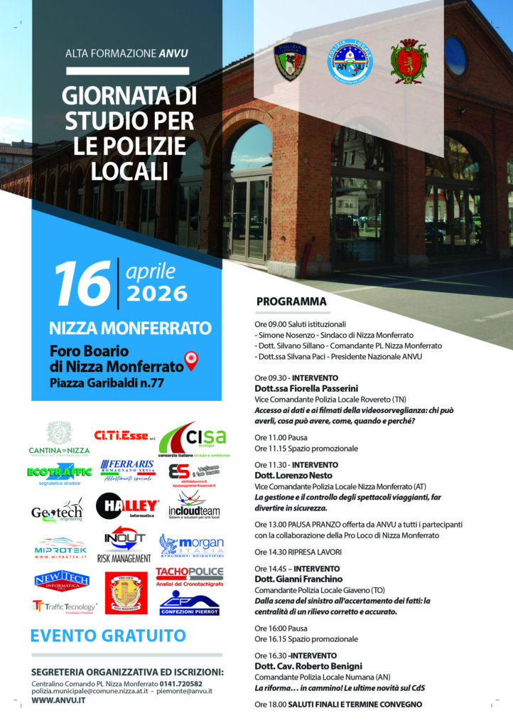 16 Aprile 2026 – Nizza Monferrato (AL): Giornata di Studio per Polizie Locali