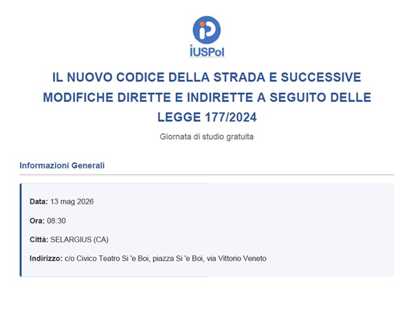 13 Maggio 2026 – Selargius (CA): IL NUOVO CODICE DELLA STRADA