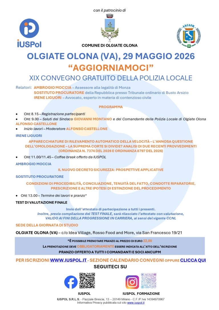 29 Maggio 2026 – Olgiate Olona (VA): AGGIORNIAMOCI: XIX Convegno gratuito per la Polizia Locale