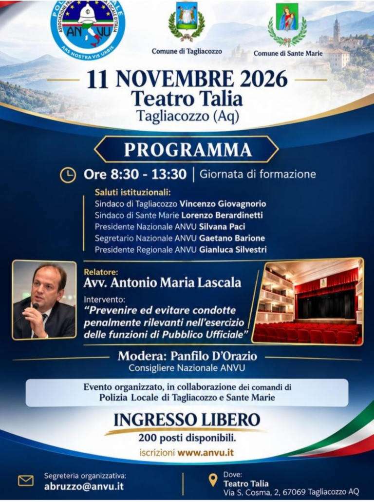 11 novembre 2026 – TAGLIACOZZO (AQ): Giornata di Alta Formazione ANVU, organizzata da ANVU – Associazione Professionale Polizia Locale d’Italia